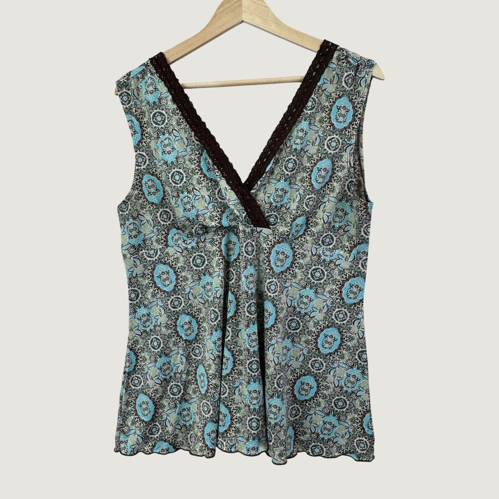 j.t.b. Paisley V-Neck Sleeveless Top Womens XL Blue Brown Boho Y2K Cottagecore